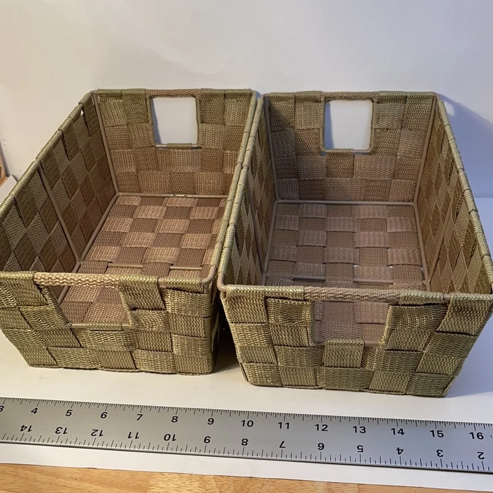 Storage bin set Nesting green canvas strap metal frame basket set